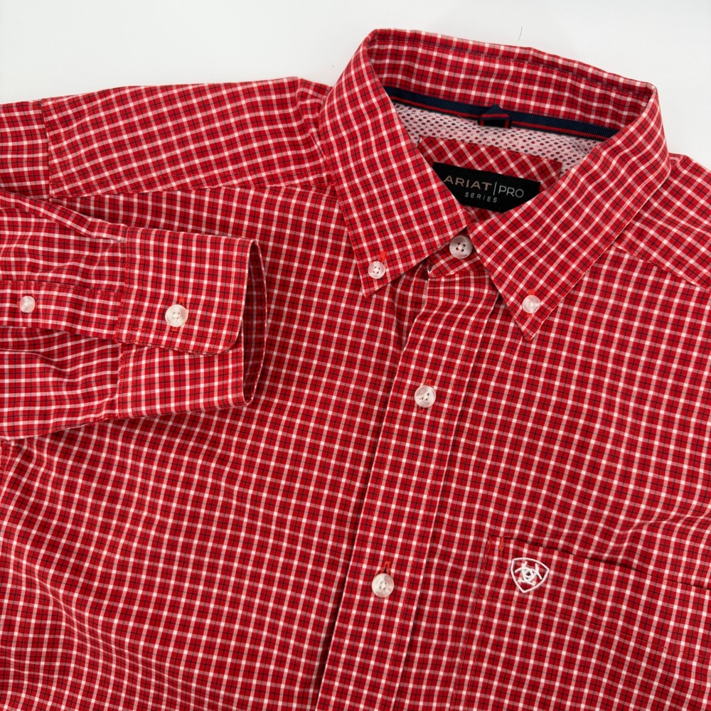 Ariat Pro Series Mens Small Red White Check Button Down Western Shirt Ventilated